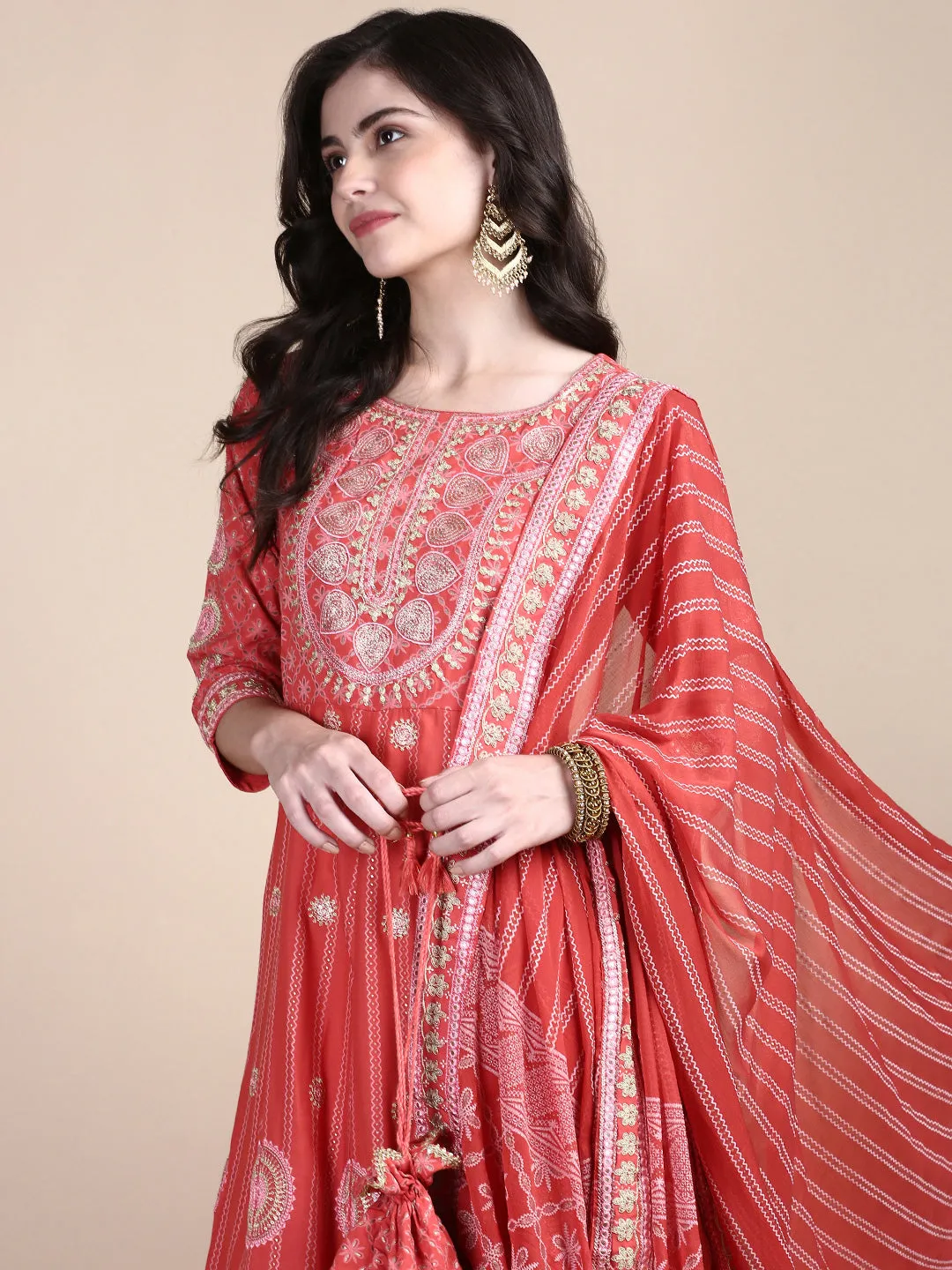 Women Ethnic Motifs Coral Anarkali Kurta Set with Dupatta and Potli Bag