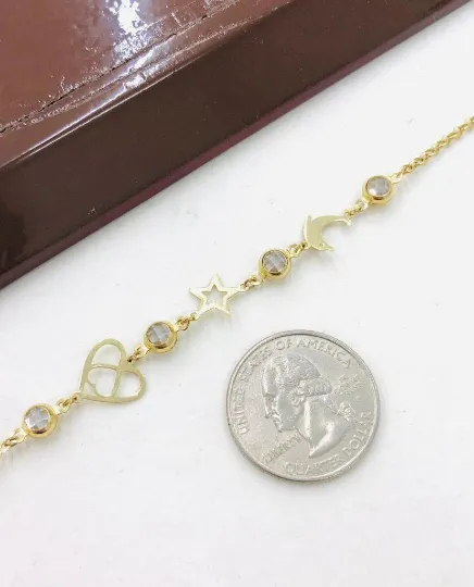 Women's Anklet Bracelet in 14K Solid Real Gold Good Luck Anklet Bracelet Star Dolphin Heart Anklet Bracelet Pulsera para el Pie en Oro