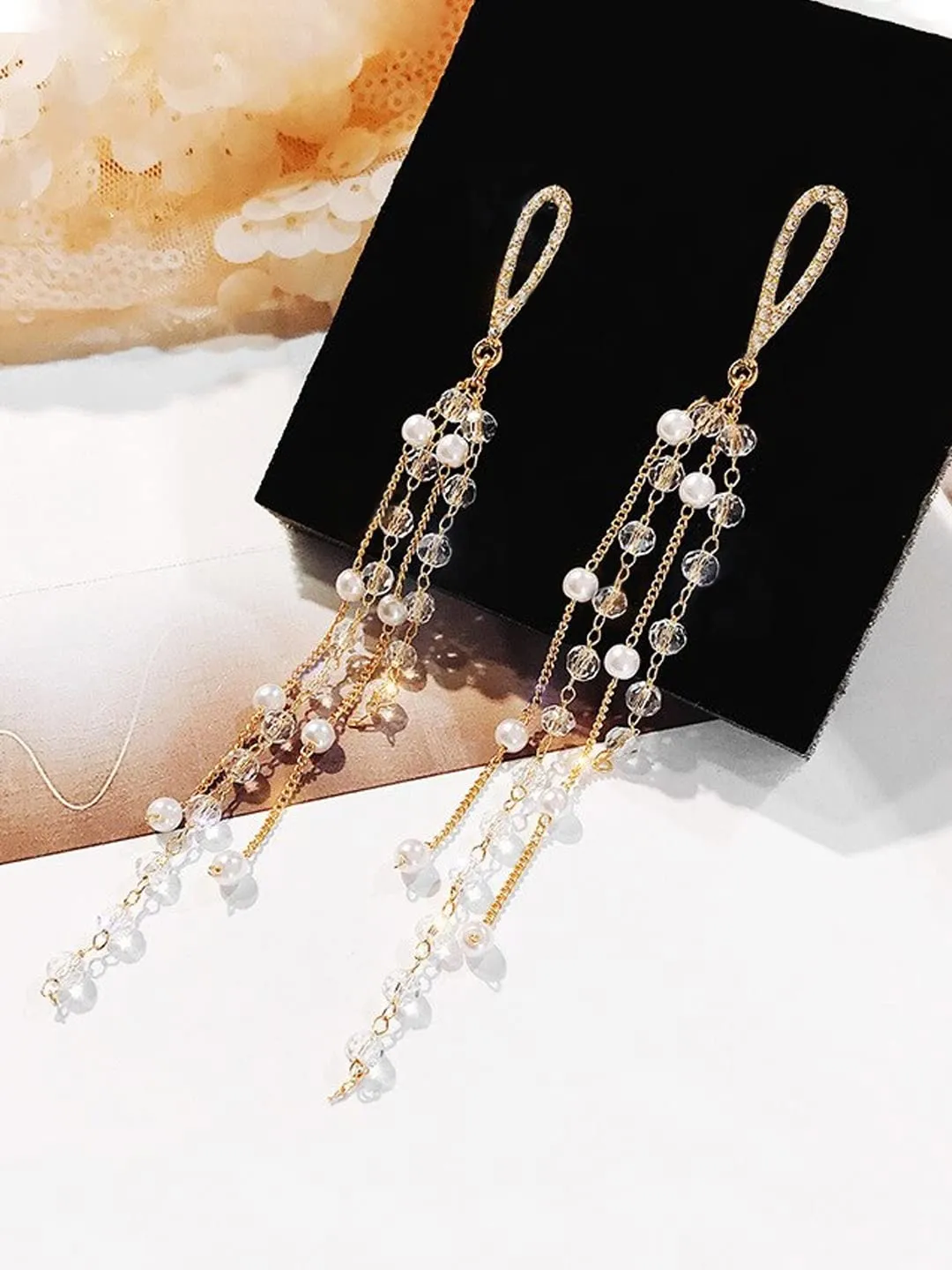 Yellow Chimes Earrings For Women Gold Tone Pearl Studded Teardrop Shape Stud With White Chandelier Tassel Dangler Earrings For Women and Girls