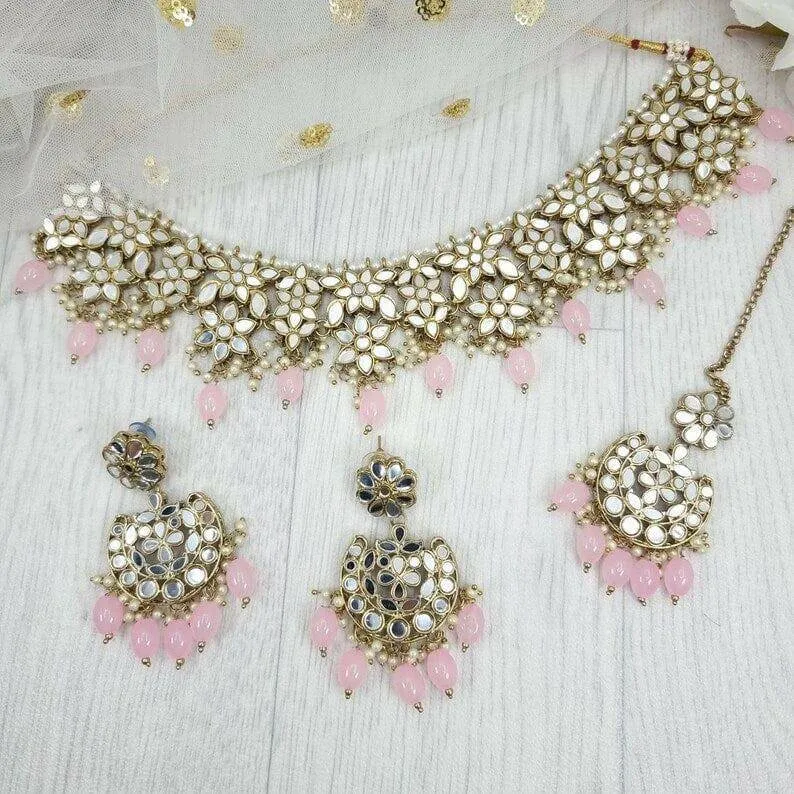 Zara Mirror Necklace Set - Baby Pink