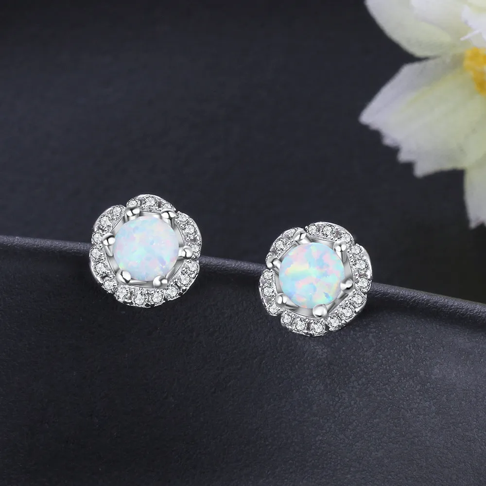 Zircon Flower with Round Opal Sterling Silver Stud Earrings