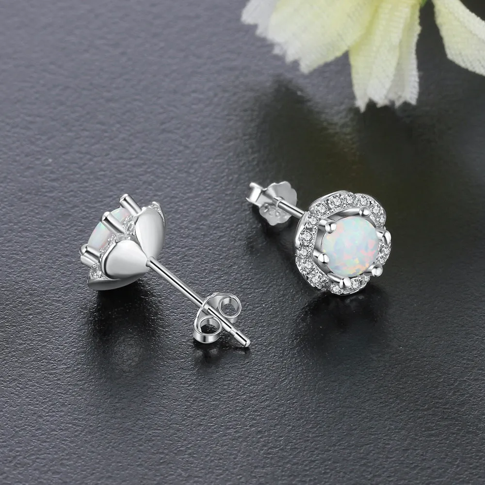 Zircon Flower with Round Opal Sterling Silver Stud Earrings