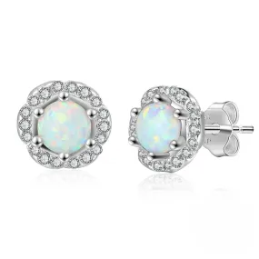 Zircon Flower with Round Opal Sterling Silver Stud Earrings