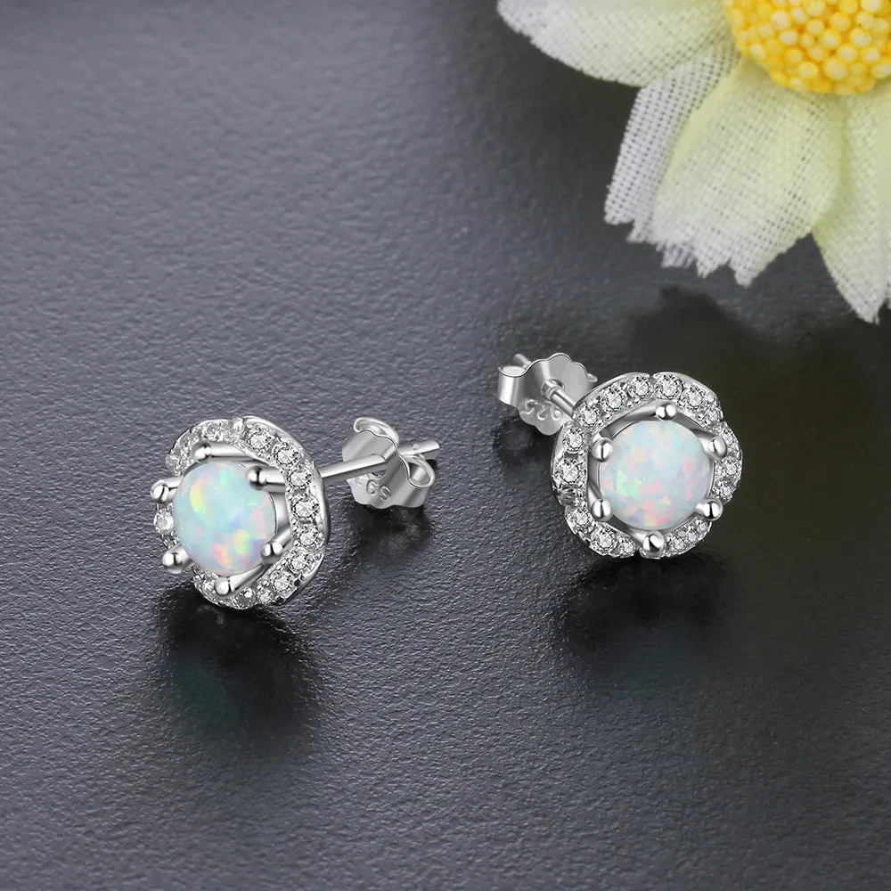 Zircon Flower with Round Opal Sterling Silver Stud Earrings