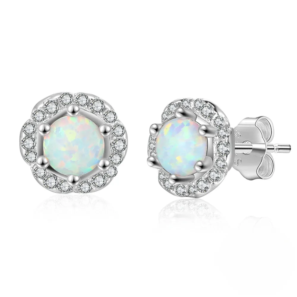 Zircon Flower with Round Opal Sterling Silver Stud Earrings