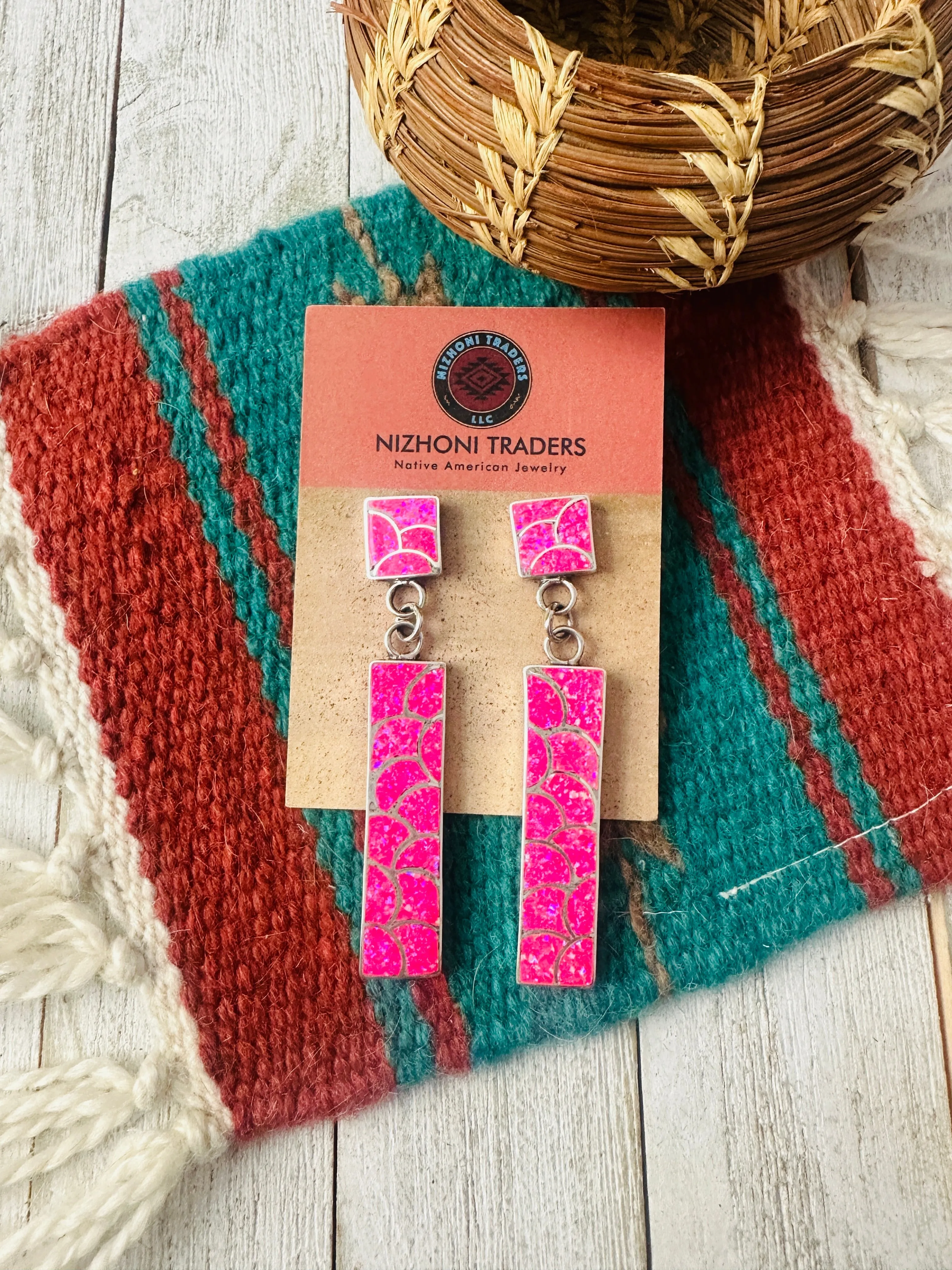 Zuni Sterling Silver & Pink Fire Opal Inlay Dangle Earrings